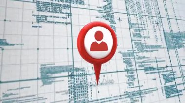 Kırmızı 3D lokasyon pin merkezini etkinleştiren veri düzlemi üzerinde, ızgaradaki kullanıcı konumunu vurguluyor. Teknoloji, veri, ağ, siber güvenlik, dijital, yenilik, analitik