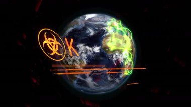 3D Dünya 'yı döndürmek, biyolojik tehlike azalması, acil durum gerektiren titreşimler. Küresel, görselleştirme, dijital, uyarı, kriz, bağlantı, teknoloji