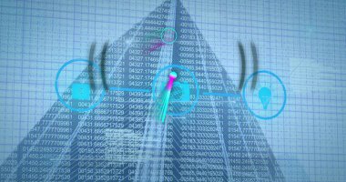 Yapı ve işaret üzerinde simge ve veri işleme resmi. Küresel iş ve dijital arayüz kavramı dijital olarak oluşturulmuş görüntü.