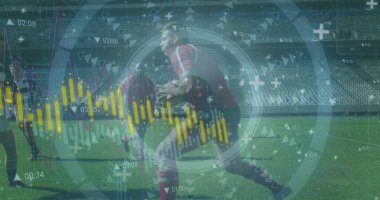 Stadyumdaki çeşitli ragbi oyuncularının veri işleme ve tarama görüntüleri. Küresel spor, bilgisayar ve dijital arayüz kavramı dijital olarak oluşturulmuş görüntü.