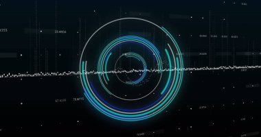Image of neon round scanner over data processing against black background. Computer interface and business technology concept