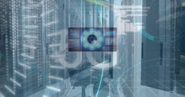 Sunucu odasındaki çeşitli iş adamlarının tarama ve veri işleme görüntüleri. Küresel teknoloji, bilgisayar ve dijital arayüz kavramı dijital olarak oluşturulmuş görüntü.