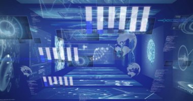 Ofiste yürüyen iş adamlarının finansal veri işleme görüntüsü. Küresel iş dünyası dijital arayüz teknolojisi ve dijital olarak oluşturulan ağ konsepti.