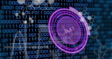 Sayılar ve ikili kodlama işlemleri ile kapsam taraması resmi. Küresel veri işleme ve dijital arayüz konsepti dijital olarak oluşturuldu.