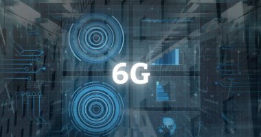 6 G metin resmi, bilgisayar sunucularında veri işleme. Küresel hesaplama, bağlantılar, veri işleme ve dijital arayüz kavramı dijital olarak oluşturuldu.