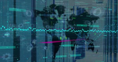 Boş bilgisayar sunucu odasına karşı dünya haritasında finansal veri işleme resmi. Küresel finans ve iş veri depolama teknolojisi kavramı