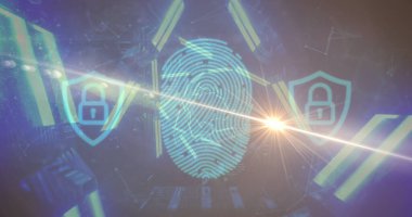 Sanal arayüzde, kalkan simgeleri ve veri parçalarıyla merkezi parmak izi grafiği gösteriliyor. Siber güvenlik, teknoloji, dijital, fütüristik, güvenli, koruma, yenilik