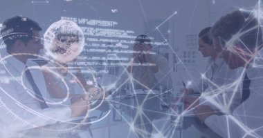 Küre görüntüsü, daire, çizgiler, iş arkadaşlarına bağıran Kafkasyalı sinirli CEO 'nun üzerine kodlama. Dijital bileşik, çoklu pozlama, iletişim, ticaret, kayıp, iflas, fütüristik, teknoloji,