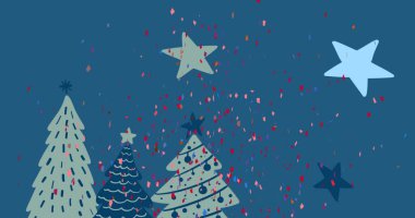Konfetilerin yılbaşı ağaçlarının üzerine düşmesi ve yıldızların mavi arka plana düşmesi. Noel, gelenek ve kutlama konsepti dijital olarak oluşturulmuş imaj.