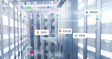 Image of social media icons and numbers and data processing over computer servers. Global social media, computing, data processing and digital interface concept digitally generated image.