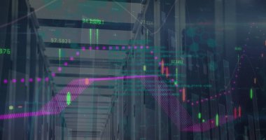 Sunuculardan finansal verilerin ve grafiklerin görüntüsü. Ağ, finans, veri işleme ve teknoloji konsepti dijital olarak oluşturuldu.