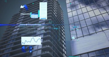 Şehir manzarası üzerinde veri işleme resmi. küresel iş ve dijital arayüz kavramı dijital olarak oluşturulmuş görüntü.