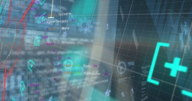 Veri işleme üzerinde şehir manzarası resmi. Küresel iş ve dijital arayüz kavramı dijital olarak oluşturulmuş görüntü.