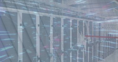 Boş dijital veri düşüşüne karşı boş dijital üzerinden dijital veri işleme görüntüsü. Dijital arayüz ve teknoloji konsepti dijital ortamda oluşturuldu.