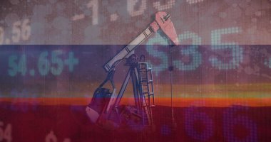 Pompa hırsızlığı ve Rusya bayrağı üzerindeki finansal veriler. Petrol işi, enerji, ulaşım, finans ve ekonomi kavramı dijital olarak üretilen imaj.