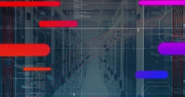 Bilgisayar sunucuları üzerinden veri işleme resmi. Küresel hesaplama, bağlantılar, veri işleme ve dijital arayüz kavramı dijital olarak oluşturuldu.