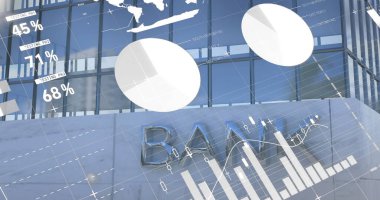 Yüksek banka binasına karşı istatistiksel veri işleme resmi. İş verileri ve analitik teknoloji kavramı