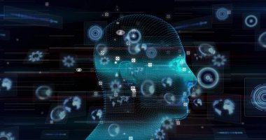 Dijital insan üzerinden veri işleme görüntüsü. Küresel iş ve dijital arayüz kavramı dijital olarak oluşturulmuş görüntü.