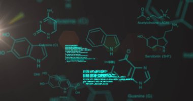 Dijital arayüzde yüzen kod blokları ile parlayan deniz mavisi moleküler diyagramları gösteriliyor. Biyoteknoloji, teknoloji, fütüristik, dijital, yenilik, sağlık, görselleştirme