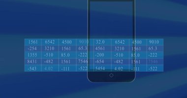Mavi arka planda akıllı telefon simgesi ve istatistiksel veri işleme görüntüsü. İş veri teknolojisi kavramı