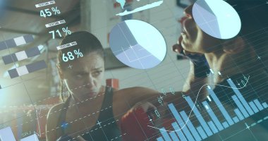 Beden eğitiminde boks yapan farklı insanların veri işleme görüntüsü. Küresel spor, bilgisayar ve dijital arayüz kavramı dijital olarak oluşturulmuş görüntü.