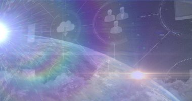 Işık noktası ve dijital simge ağının mavi arkaplana karşı görüntüsü. Küresel ağ ve iş teknolojisi kavramı