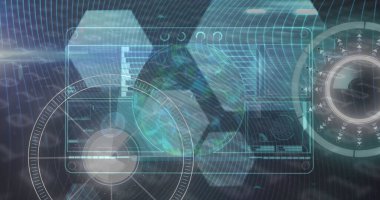 Dijital ekranda ve dönen kürede veri işleme görüntüsü. Ağ, veri işleme, dijital ekran ve iletişim konsepti dijital olarak oluşturuldu.