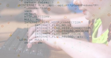 Okulda bilgisayar kullanan beyaz bir kıza karşı veri işleme ve soyut şekiller. Okul ve eğitim teknolojisi kavramı