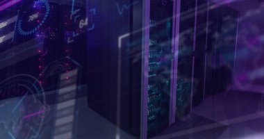 Sunucu odasında veri işleme resmi. Küresel teknoloji, bilgisayar ve dijital arayüz kavramı dijital olarak oluşturulmuş görüntü.