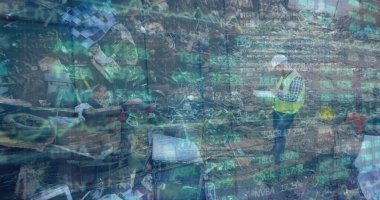 Hurdalıkta veri işleme resmi. Küresel bilim, bağlantılar, veri işleme ve dijital arayüz kavramı dijital olarak oluşturuldu.