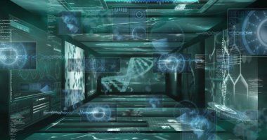 Dijital ekranlarda veri işleme görüntüsü. Küresel iş ve dijital arayüz kavramı dijital olarak oluşturulmuş görüntü.