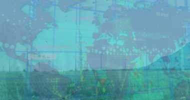 Rüzgar türbinlerinin üzerindeki veri işleme görüntüsü. Küresel ekoloji ve dijital arayüz kavramı dijital olarak oluşturulmuş görüntü.