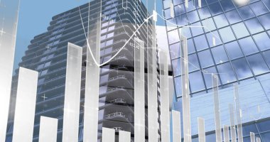 Yüksek binalarla istatistiksel veri işleme görüntüsü. Küresel iş verileri ve analitik teknoloji kavramı