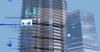 Yüksek binalarla istatistiksel veri işleme görüntüsü. Küresel iş verileri ve analitik teknoloji kavramı