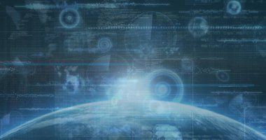 Dünya üzerinde veri işleme görüntüsü. Küresel teknoloji ve dijital arayüz konsepti dijital olarak oluşturuldu.