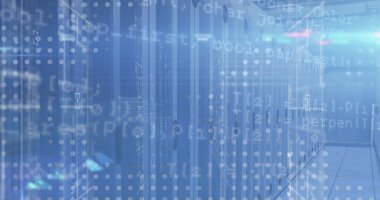 Bilgisayar sunucuları üzerinden veri işleme resmi. Küresel teknoloji bağlantıları ve veri işleme kavramı dijital olarak oluşturuldu.