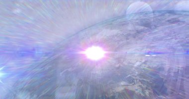 Mavi arka planda, dünya üzerinde pembe ışık lekesi. Küresel ağ ve iş teknolojisi kavramı