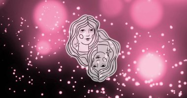 Aydınlanmış pembe parçacıklar ve mercek parlamasına karşı dişi burcunun görüntüsü. İllüzyon, dijital olarak oluşturulmuş, soyut, astroloji işareti, falcılık, dış uzay kavramı.