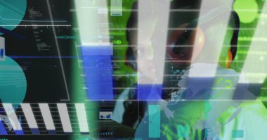 Sunucu odasındaki Afrikalı Amerikalı işçilerin veri işleme görüntüsü. Küresel iş ve dijital arayüz kavramı dijital olarak oluşturulmuş görüntü.