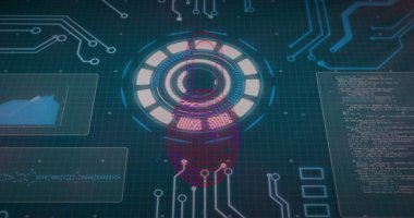 Tarayıcı, grafik ve veri işleme üzerinde koyu arayüzdeki kırmızı asma kilit resmi. Küresel iletişim, iş dünyası, veri güvenliği ve dijital arayüz konsepti dijital olarak oluşturulmuş görüntü.