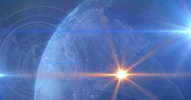 Işık noktaları ve yuvarlak tarayıcı görüntüsü ve mavi arkaplanda el ikonu. Küresel ağ ve iş teknolojisi kavramı