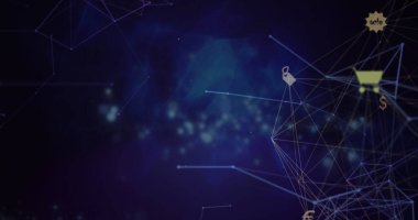 Işık noktalarının ve siyah arkaplandaki simgelerle olan bağlantı ağının resmi. Küresel teknoloji, bağlantılar ve dijital arayüz konsepti dijital olarak oluşturuldu.