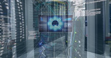 Sunucu odasında veri işleme resmi. Küresel teknoloji, bilgisayar ve dijital arayüz kavramı dijital olarak oluşturulmuş görüntü.