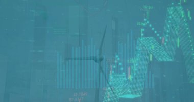 Rüzgar türbini üzerinde veri işleme görüntüsü. Küresel ekoloji ve dijital arayüz kavramı dijital olarak oluşturulmuş görüntü.