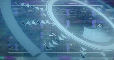 Dijital ekranda işlem çemberi, radar ve finansal verilerin görüntüsü. Küresel finans, ekonomi, veri işleme ve teknoloji konsepti dijital olarak oluşturulmuş görüntü.