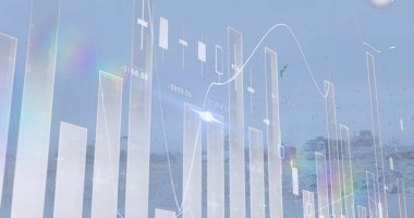 Atık çöplükte kamyonlarla zaman aşımına uğramış grafik ve verinin resmi. Atık, çöp, kirlilik ve finansal konsept dijital olarak üretilen imaj.
