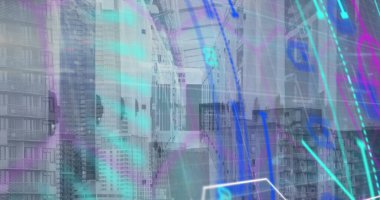 Şehir manzarası ve bilgisayar sunucuları üzerinden veri işleme resmi. Küresel hesaplama, veri işleme ve ağ konsepti dijital olarak oluşturulmuş resim.