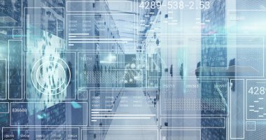 Bilgisayar sunucuları üzerinden veri işleme resmi. küresel hesaplama, dijital arayüz ve dijital olarak oluşturulmuş görüntü veri işleme kavramı.