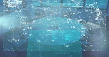 Bilgisayar klavyesinin üzerinde bağlantı düğümleri ve okumalarla holografik veri örtüşüyor. Teknoloji, veri görselleştirme, gelecek, yenilik, dijital arayüz, analitik, iş