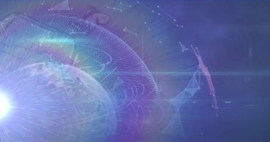 Gökkuşağı merceğinin görüntüsü, prizlerin üzerinde parlıyor ağlar ve mavi arkaplana karşı küre. Küresel ağ ve iş teknolojisi kavramı